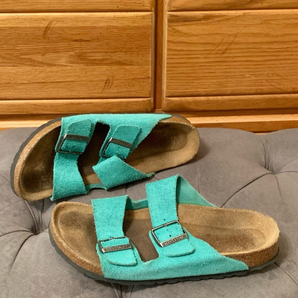 Turquoise Suede Birkenstock Arizona, 39N soft footbed